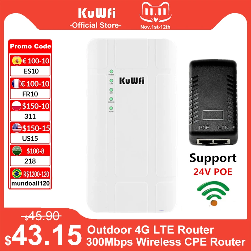 

New KuWFi Outdoor 4G LTE Router High Power 300Mbps Wireless CPE Router CAT4 Wi-fi Router with 24V POE Adapter for IP Camera