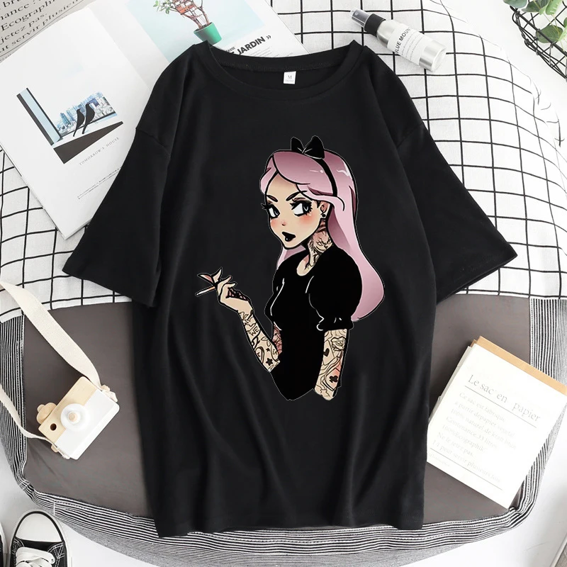 2022 New Alice In Wonderland T Shirts Womens Cotton Tops Black Alice Snow White Print Casual Short Sleeves 90s Fashion Top black t shirt for men Tees