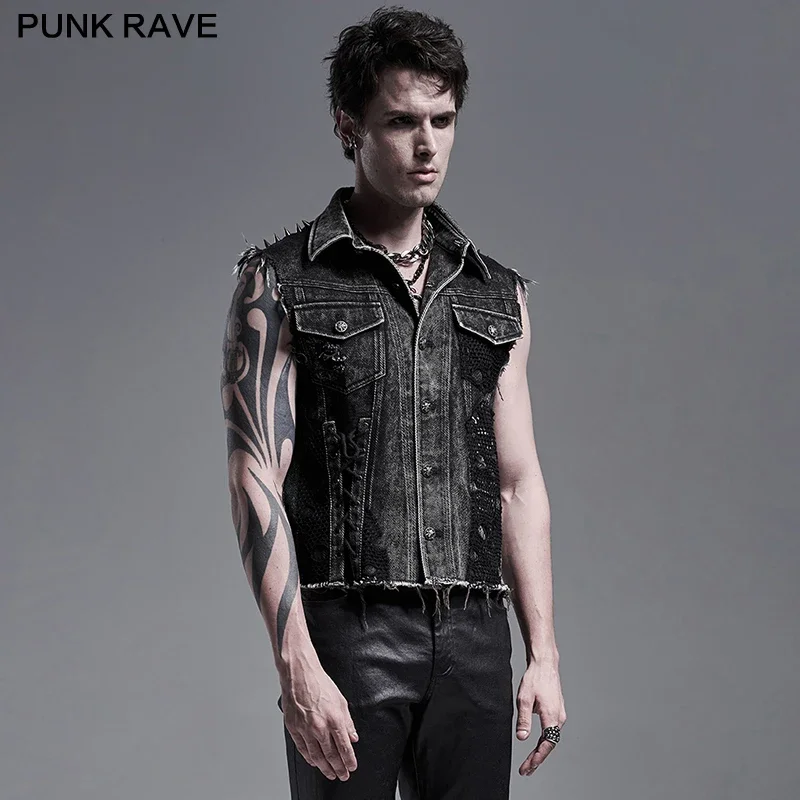 PUNK RAVE Men's Punk Daily Wear Decadent Broken Vest Distressed Turn Collar Casual Denim Waistcoat Streetwear 2