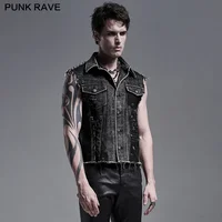 PUNK RAVE Men's Punk Daily Wear Decadent Broken Vest Distressed Turn Collar Casual Denim Waistcoat Streetwear 2