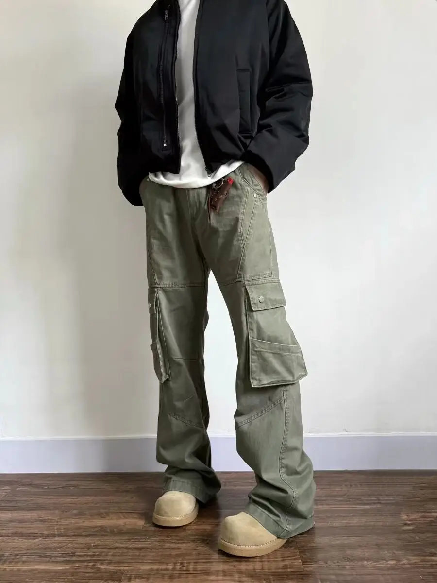 American Decosition Design Men's Work Pants with Multiple kets Straight Leg Bell Bot Waed Vintage Casual Trousers