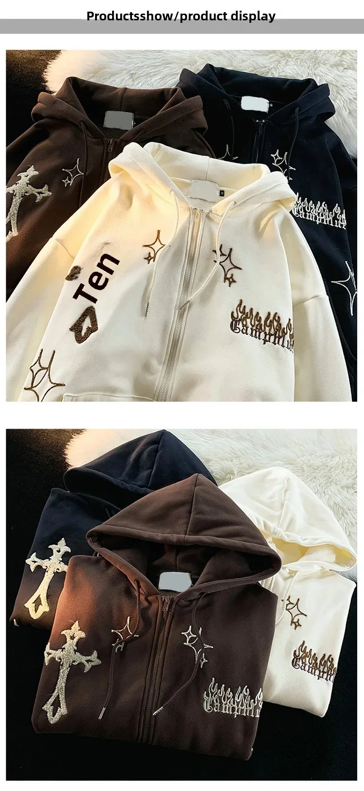 Description Picture 3 of itemAmerican Style Retro Open Cardigan Sweatshirt Fun Embroidery Oversize Couple Loose Hoodie Women Autumn Winter Outerwear