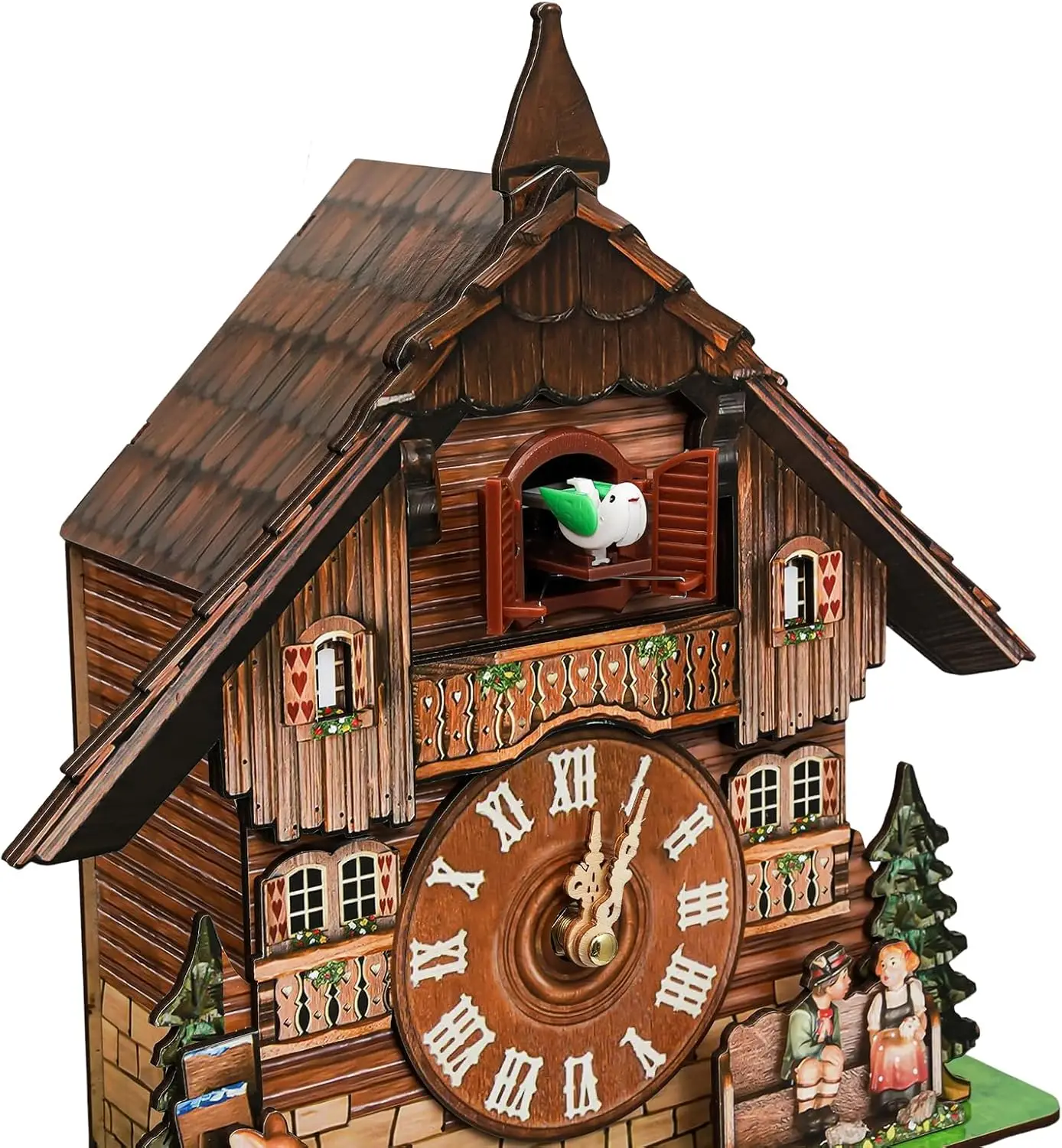 Antike Kuckucksuhr aus Holz, traditionelle Schwarzwalduhr, Wanduhren mit automatischem Schaukelpendel für Wohnzimmer, Zuhause und Büro – Detail 8