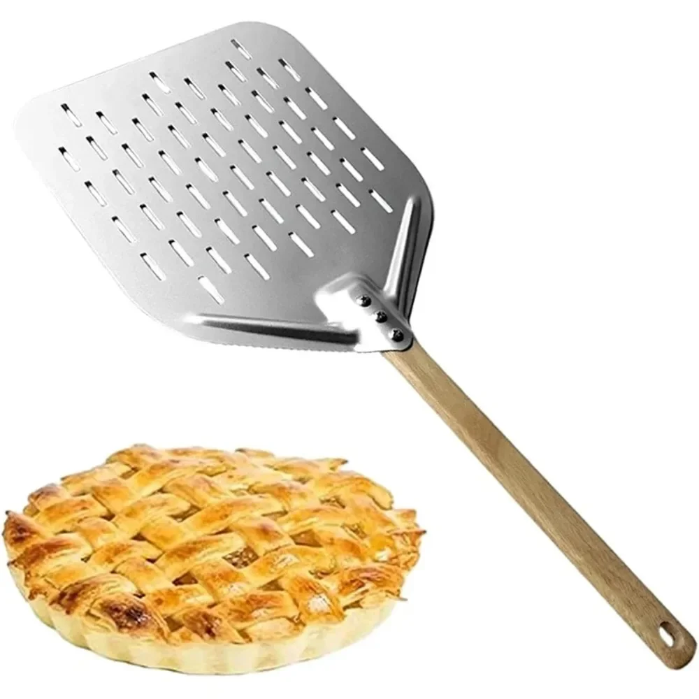 Pizza Peel Pizza Bakeware 12 Inch Pizza Shovel Metal Non-Stick Pizza Peel Wood Handle Transfer Tray Homemade Baking Cake Bread Pizzas Tools