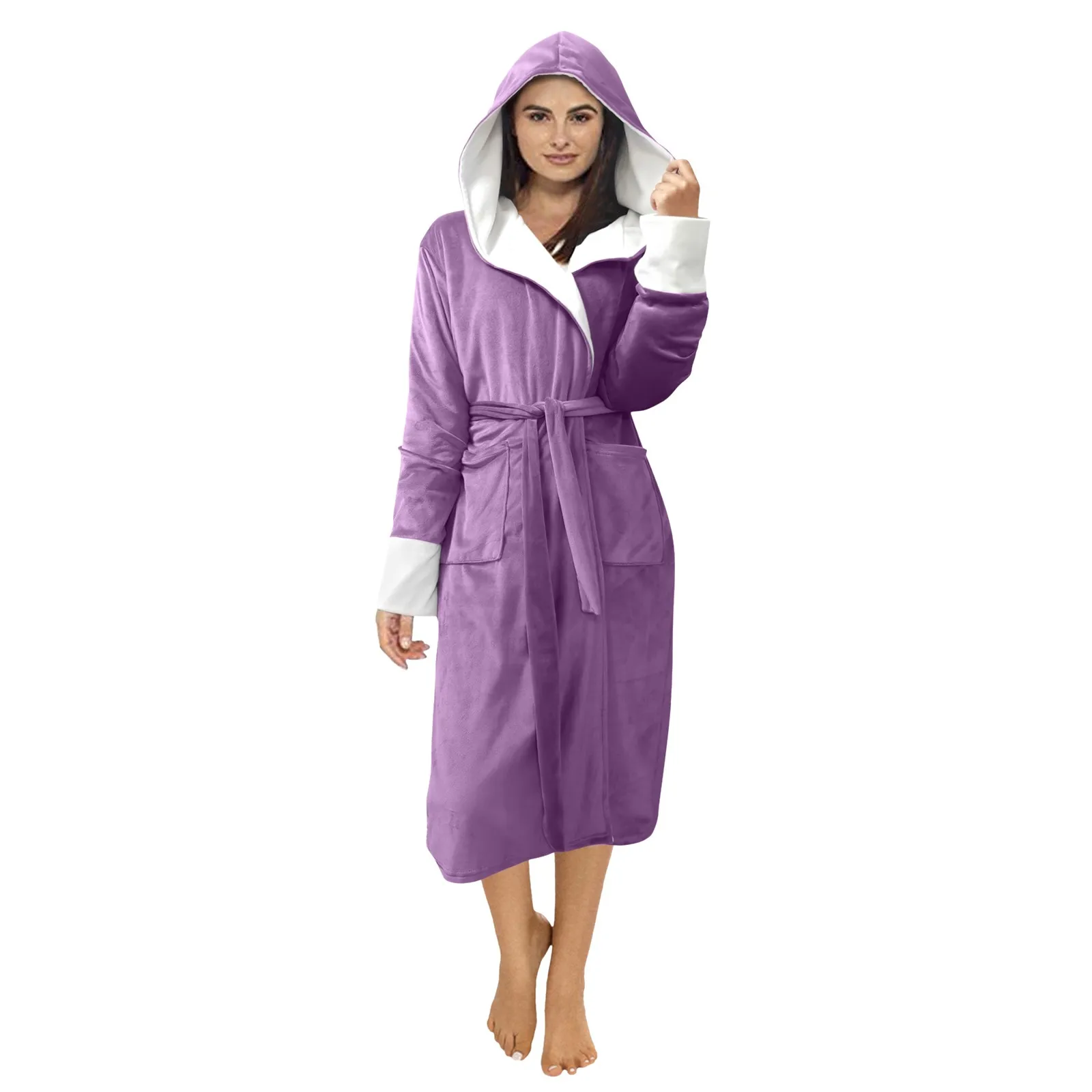 New Sky Blue Flannel Bathrobes Women's Solid Color X-long Hooded Flannel Bathrobes Winter Comfortable Kimono Nightgowns