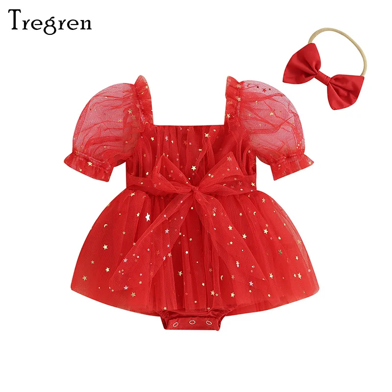 

Tregren 0-18M Newborn Baby Girls Christmas Bodysuit Outfits Short Puff Sleeve Romper Tulle Dress + Headband Set Infant Clothes