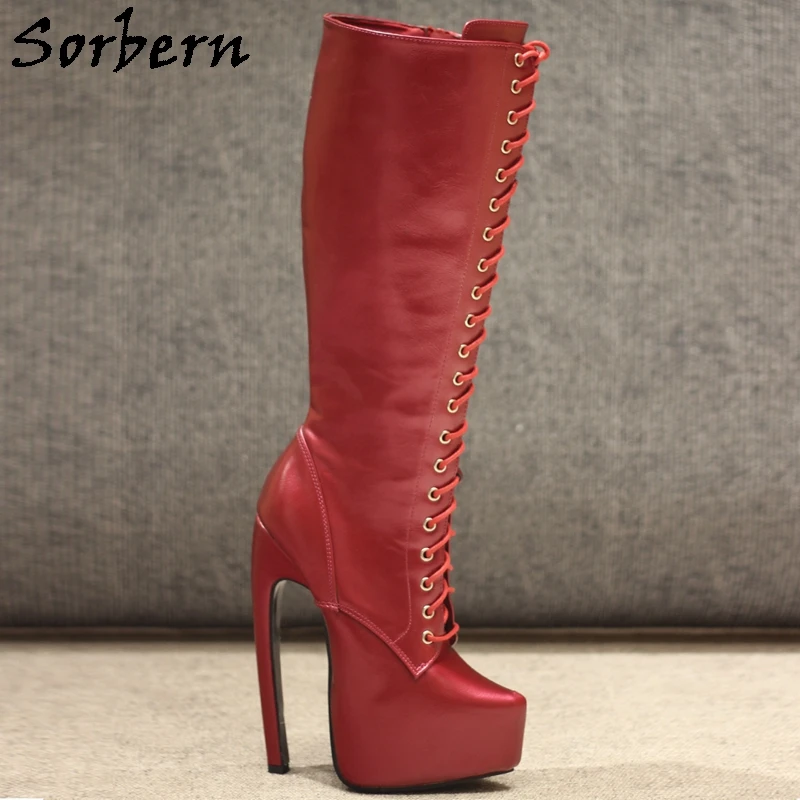 

Sorbern Unisex Knee High Boots Women Curved High Heel 18Cm Invisible Platform Shoes Lace Up Drag Queen Shoe