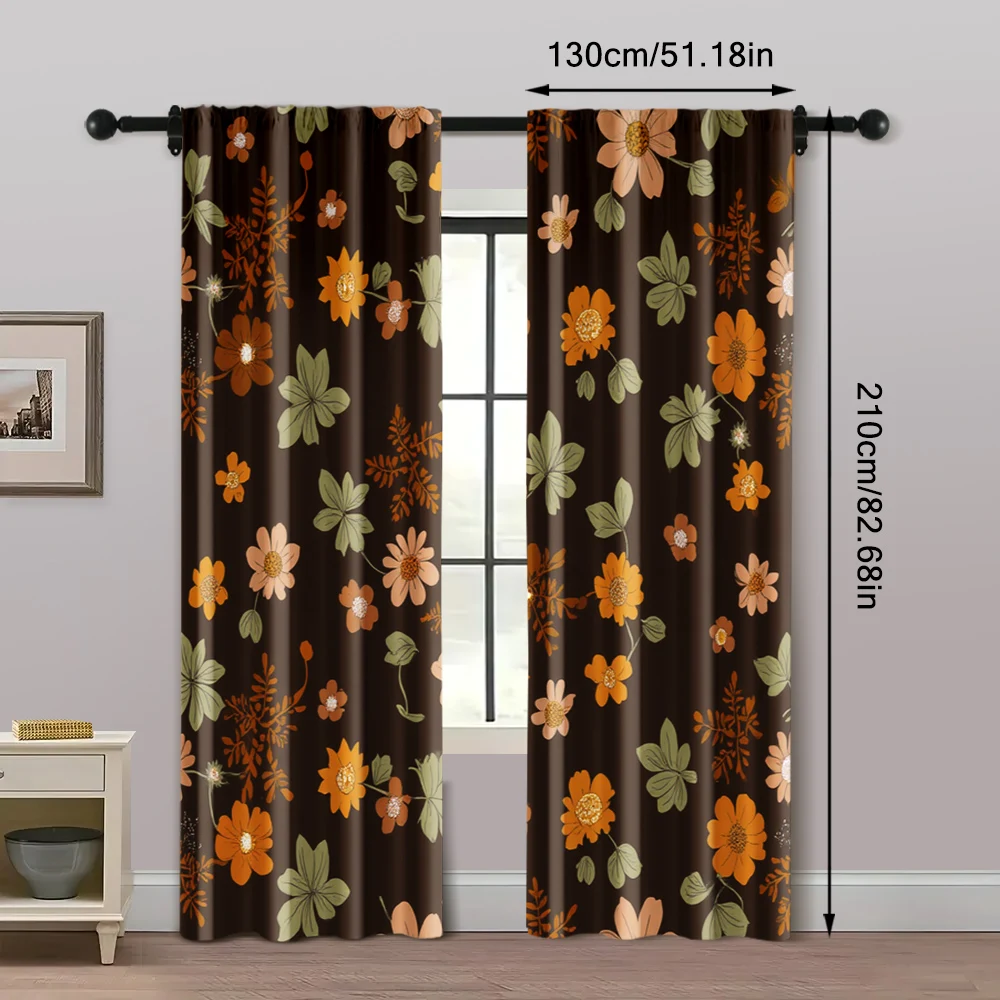 2pcs, Window Curtain Boho Leaf & Black Flower Peel 100% Polyester (without rod) Decorations For Home Use for Living Room, 5