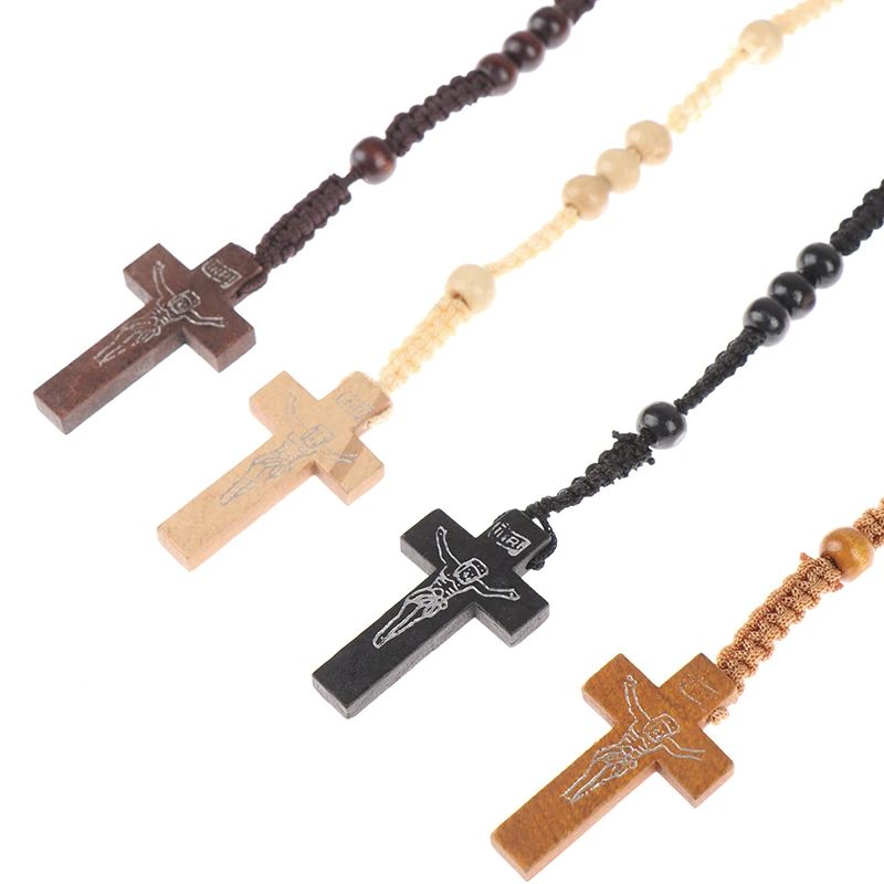 1Pc Christ Jesus Wooden Beads Rosary Bead Cross Pendant Catholic Cross Necklace Souvenirs Gifts catholic rosary necklace wood cross religious ritual accessories
