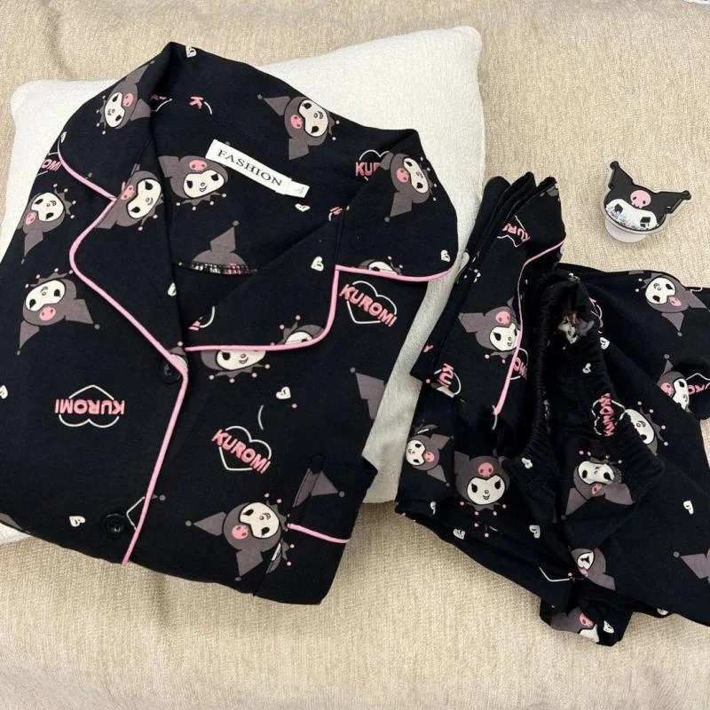 Kawaii Sanrios Kuromi Pajama Sets Spring and Autumn Cartoon Cotton Pajamas for Women Cute Casual Home Wear Set 2pcs pajamas cotton pajamas women s long sleeved spring and autumn cute cotton home wear sets for women sleepwear pijamas women