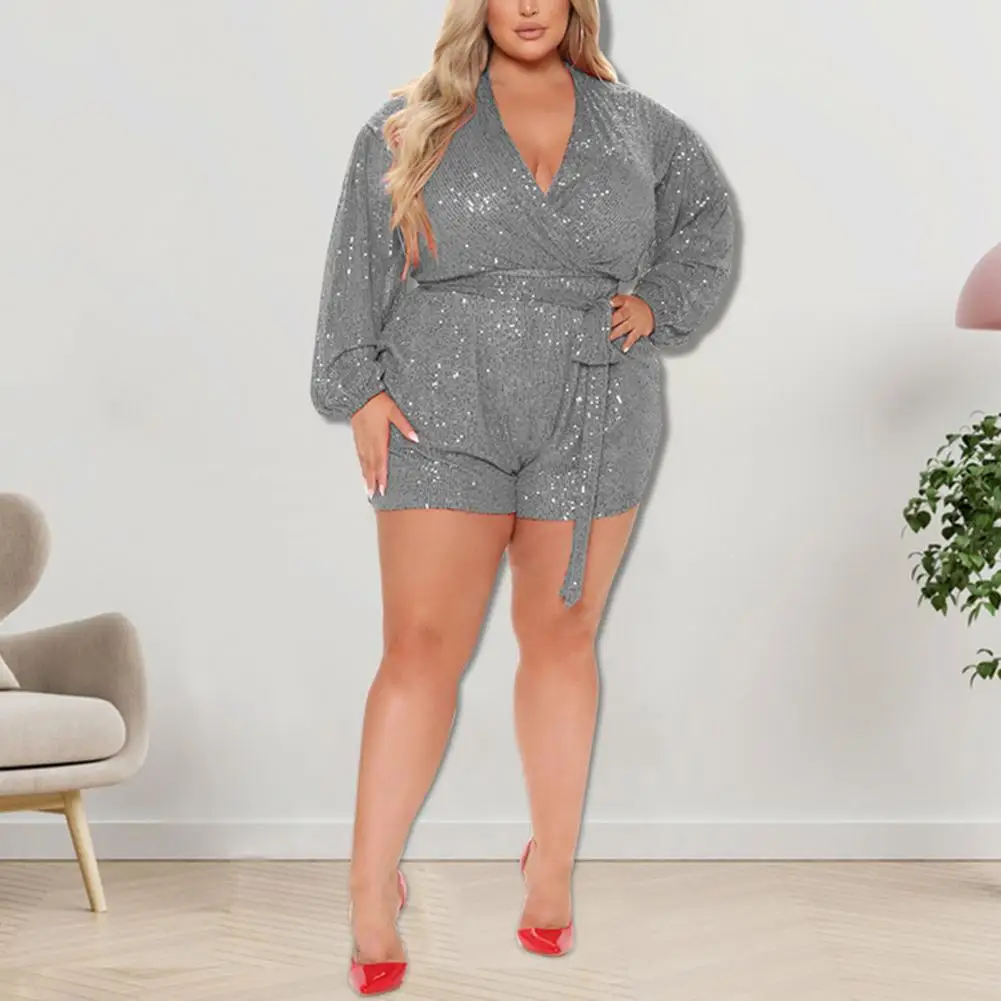 Plus Size Women Romper Sequin Long Sleeve Women's Romper With V Neck Tight Waist Soft Solid Color Club Party Lady For Above