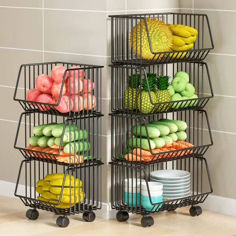 Steel Kitchen Trolley Vegetable Fruit Snacks Grocery Organiser Household Storage Basket 2/3/4/5 Tier Rolling trolley cart