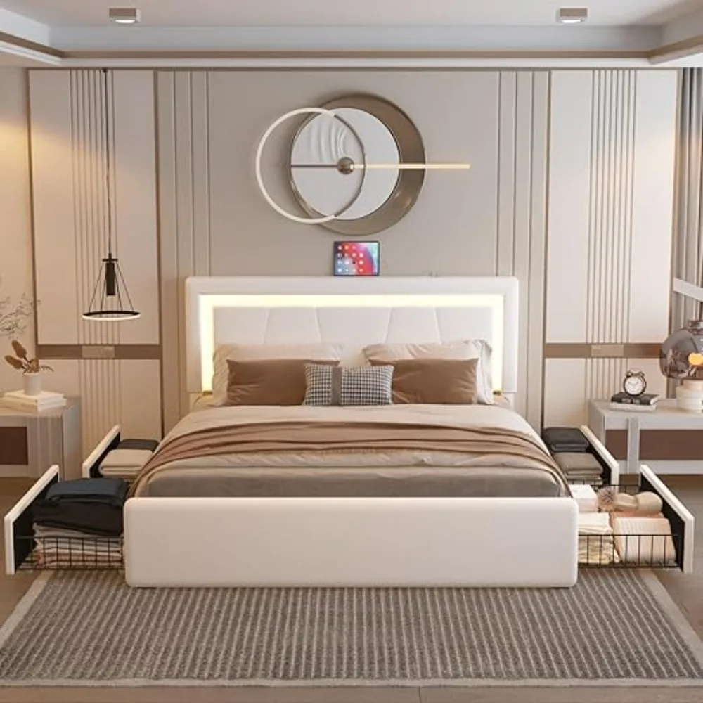 Bed Frame LED Lights 4 Stoarge Drawers Adjustable Headboard Upholstered Platform Bed Type-C&USB Ports