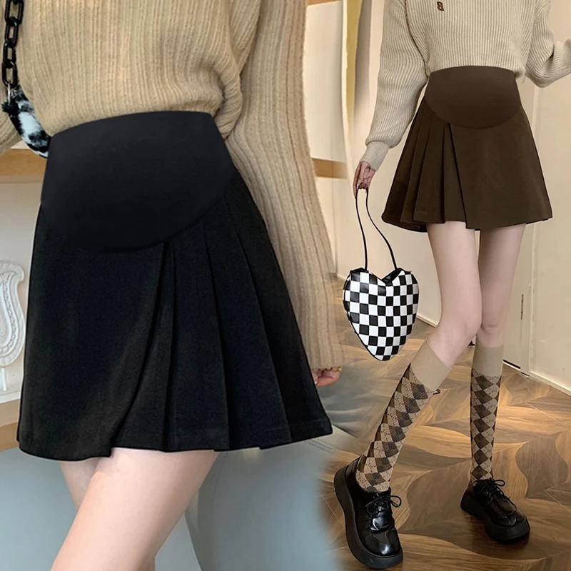 Autumn Maternity Mini Skirts Adjustable Waist Pregnant Women's Clothes Fashion Pregnancy Empired Woolen Skirts Black Coffee