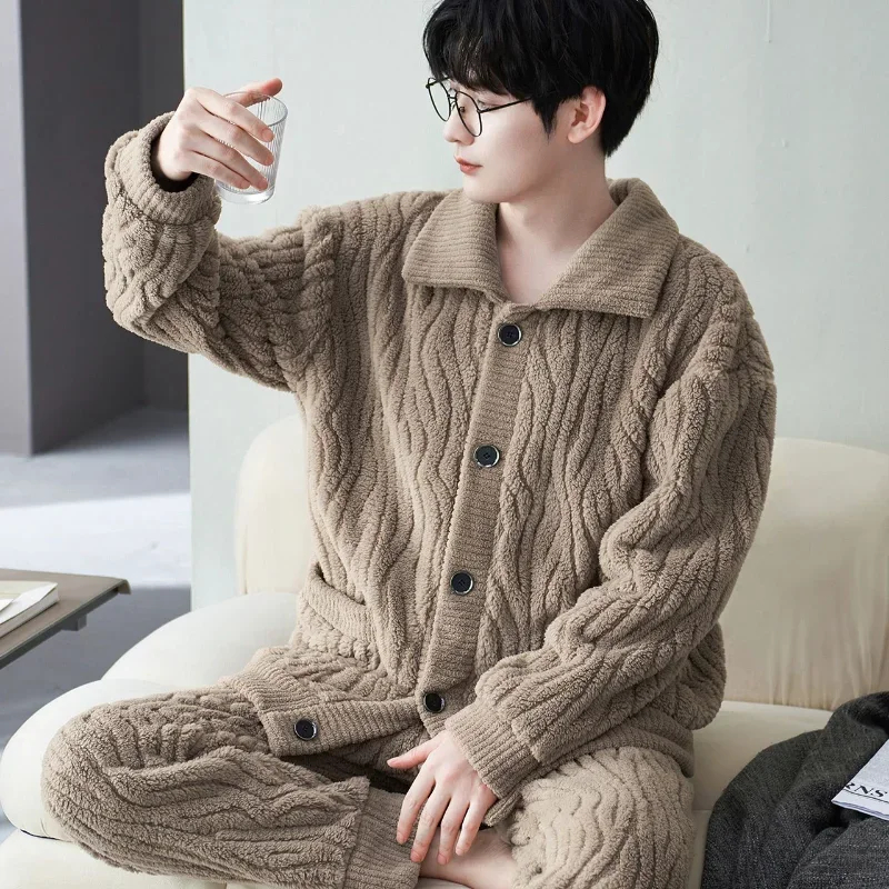 

Men Warm Flannel Autumn Winter Pajamas Turn-down Collar Long-sleeved Trousers Two-piece Set Loose Comfortable Sleepwear Suit
