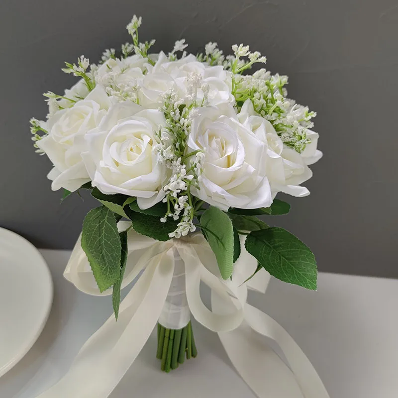 Wedding Bouquets Bride Bouquet White Silk Roses Artificial Flowers Babysbreath Boutonniere Mariage Bridal Bridesmaids Corsage Wedding Accessories