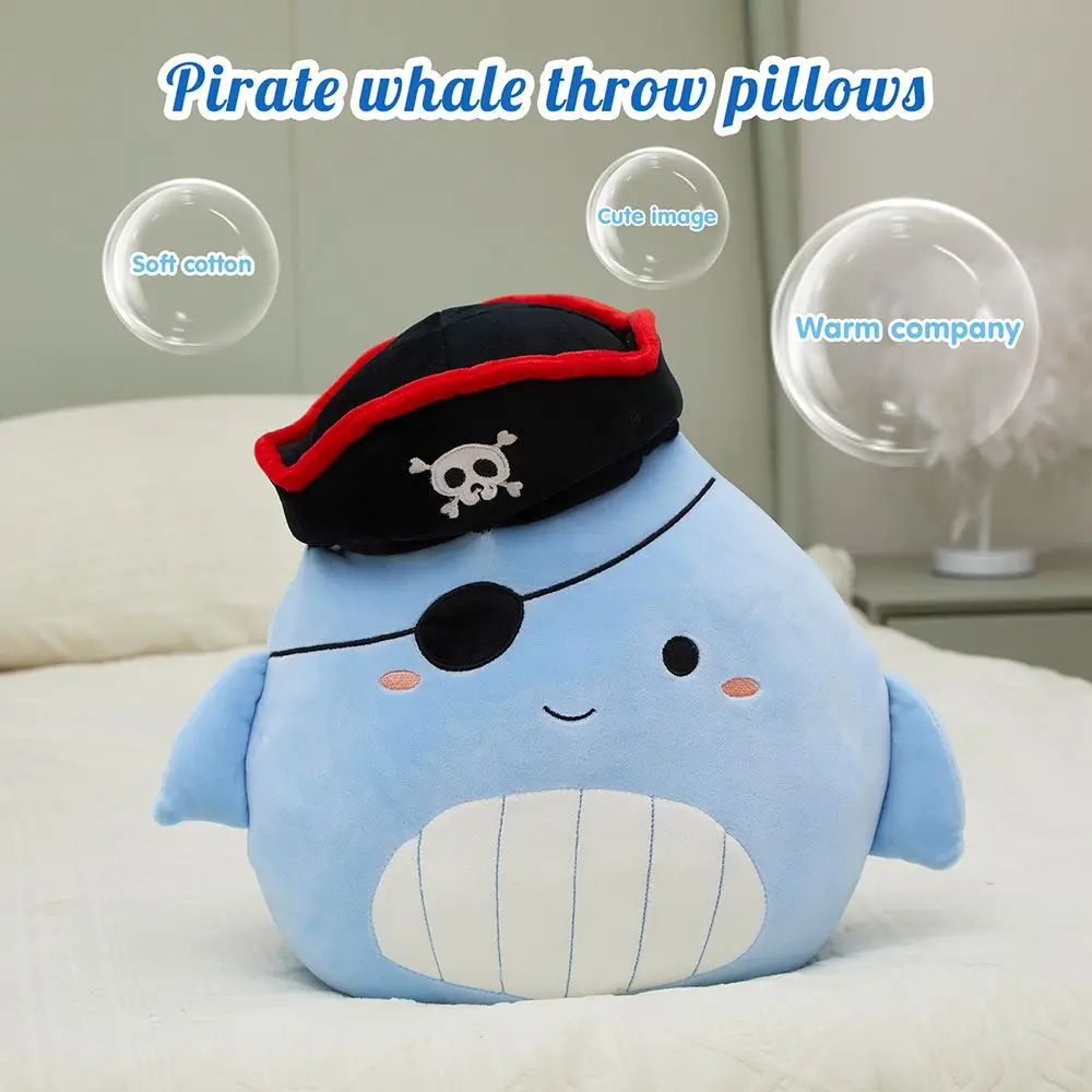 36cm Pirate Whale Stuffed Pillow Blue One-eyed Whale Round Pillow Plush Toys Cartoon Creative Design Children Gifts for Boys
