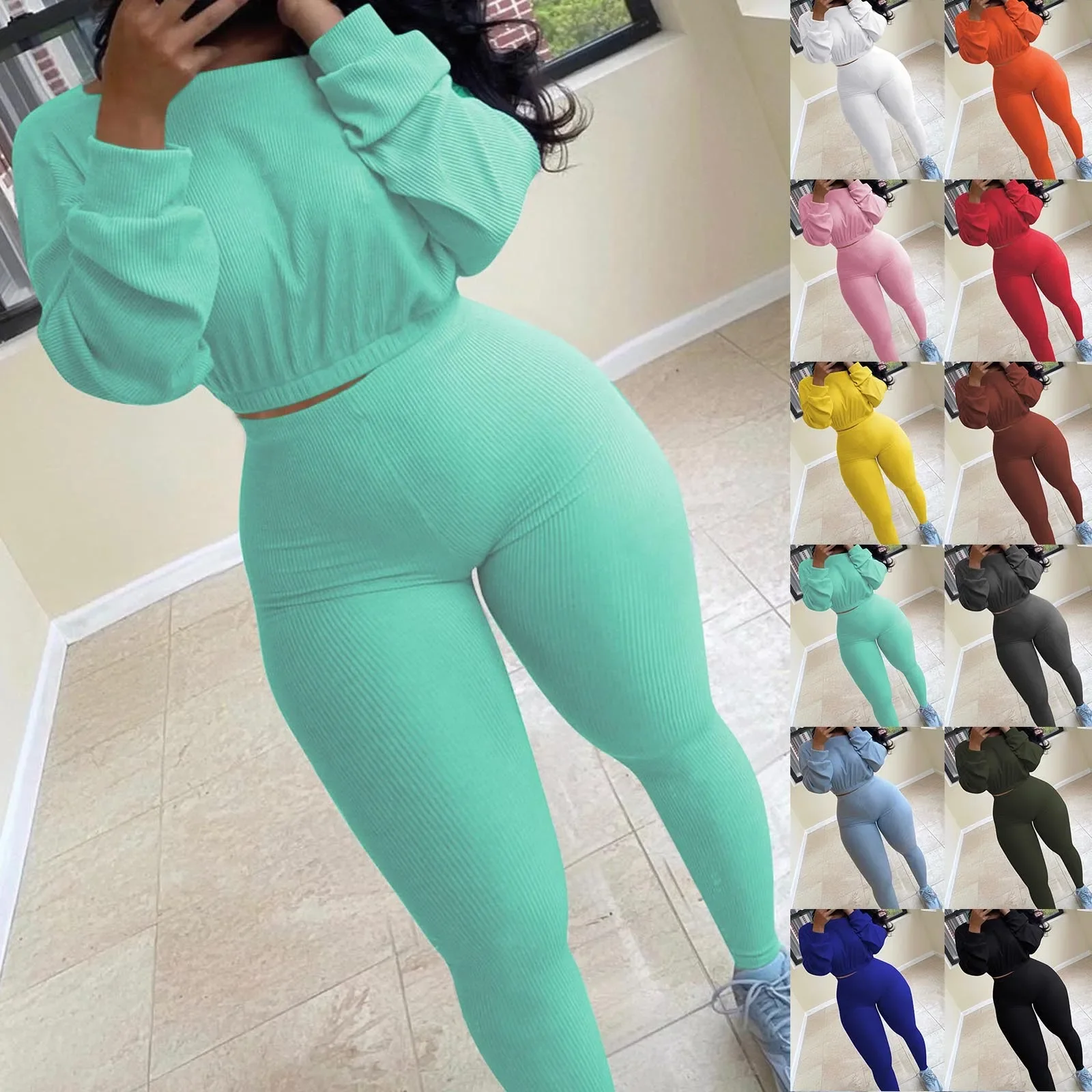 Women's Tracksuit Solid Sport Suits Autumn Warm Sweatpant Casual Long Sleeve Sweatshirts and Trousers Fleece Two Piece Sets