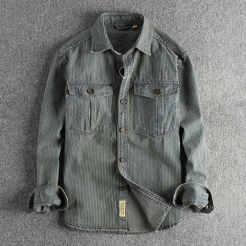 Autumn New American Retro Long Sleeved Lapel Denim Striped Cargo Shirt Men's Simple Cotton Washed Old Casual Blouses Coat