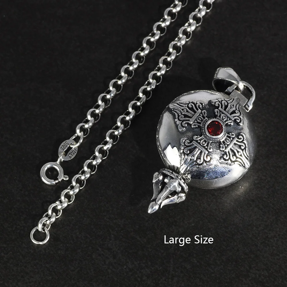 Real 925 Sterling Silver Buddha Pendant Openable Six Words Carving Inlaid Red Zircon Vintage Antique Style Buddhist Jewelry pendant necklace,silver pendant