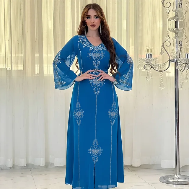 Polyester Muslim Abaya for Women Summer Elegant Orange Blue Pink Green Muslim Women Long Sleeve V-neck Polyester Long Abaya 5