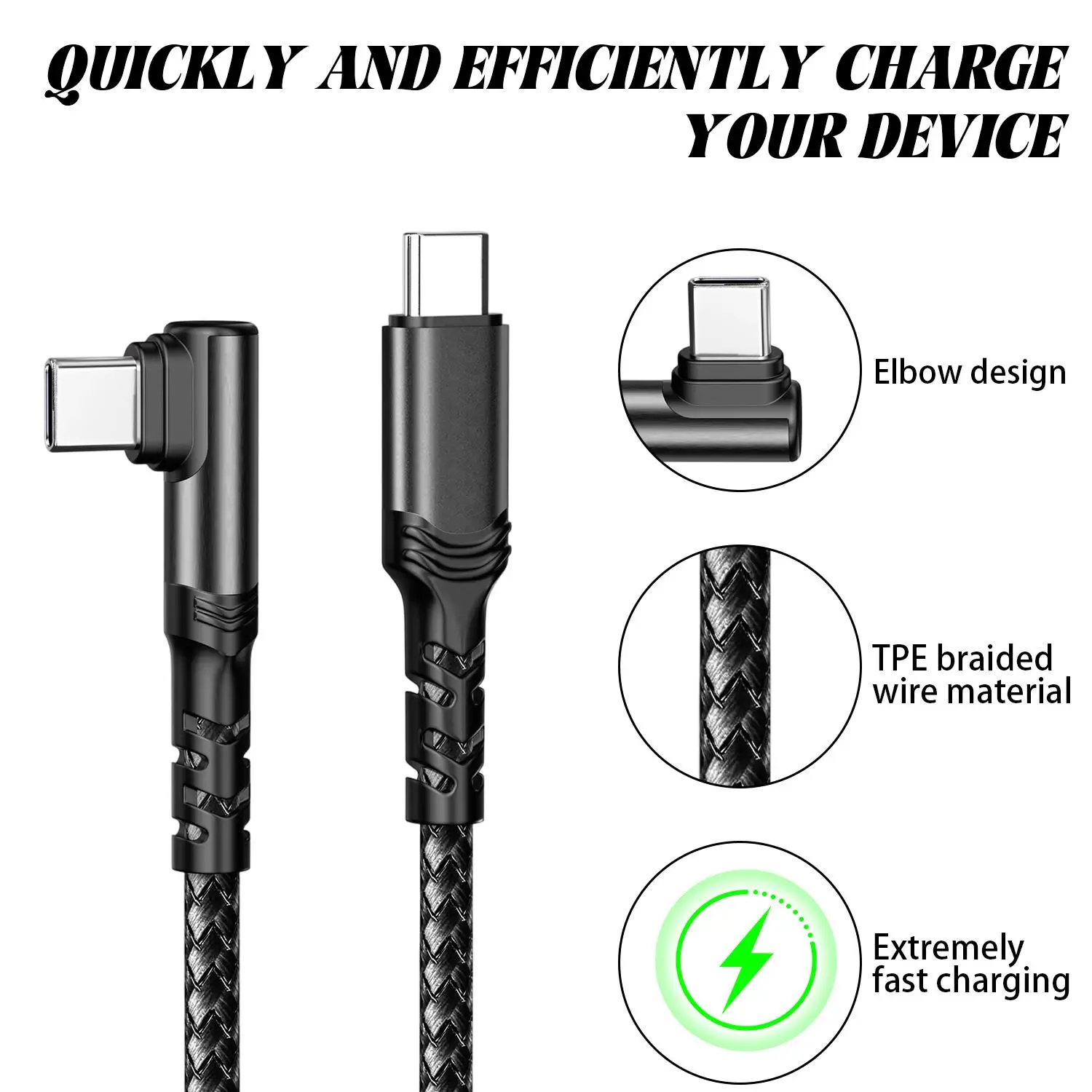 USB-C to Type-C 100W High-Speed Charging Cable, 90-Degree Right Angle, Nylon Braided Data Cord