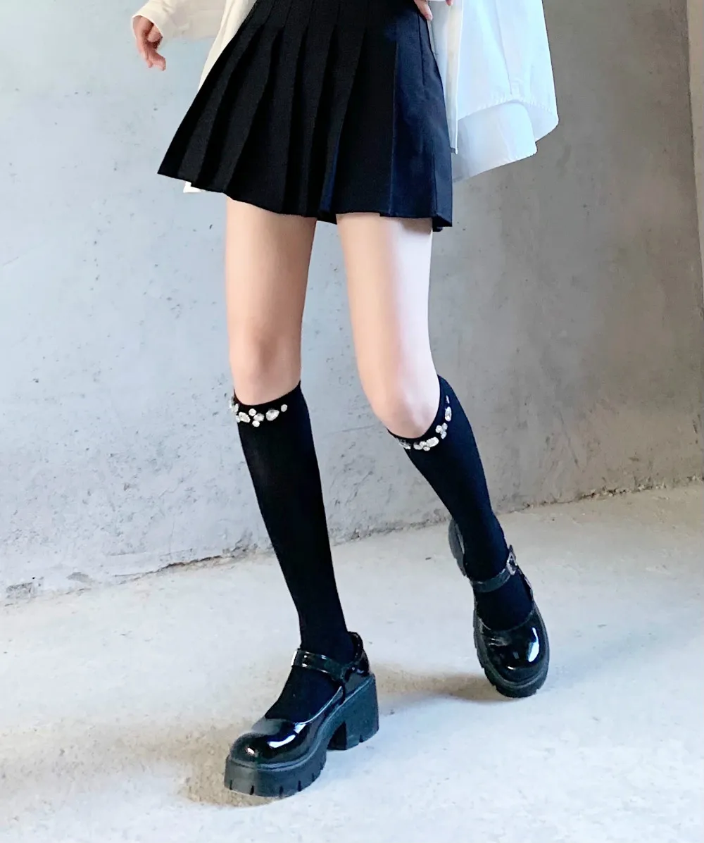 Handmade Rhinestone Tube Socks Internet Celebrity Thin Velvet Diamond Calf Sexy Dark Style Socks Thigh High Stockings Women