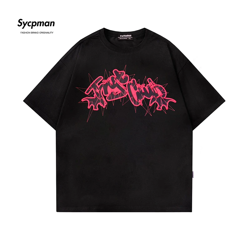 

Sycpman American Letter Print Short Sleeve T Shirt Men High Street Loose Oversized Couple Tees
