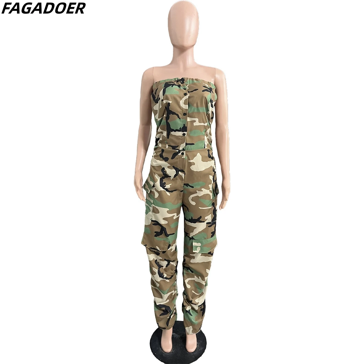 FAGADOER 여성용 위장 빈티지 포켓 카고 바지 점프수트, 스트랩리스 버튼 캐주얼 플레이수트, 와이드 레그 팬츠 롬퍼, 가을