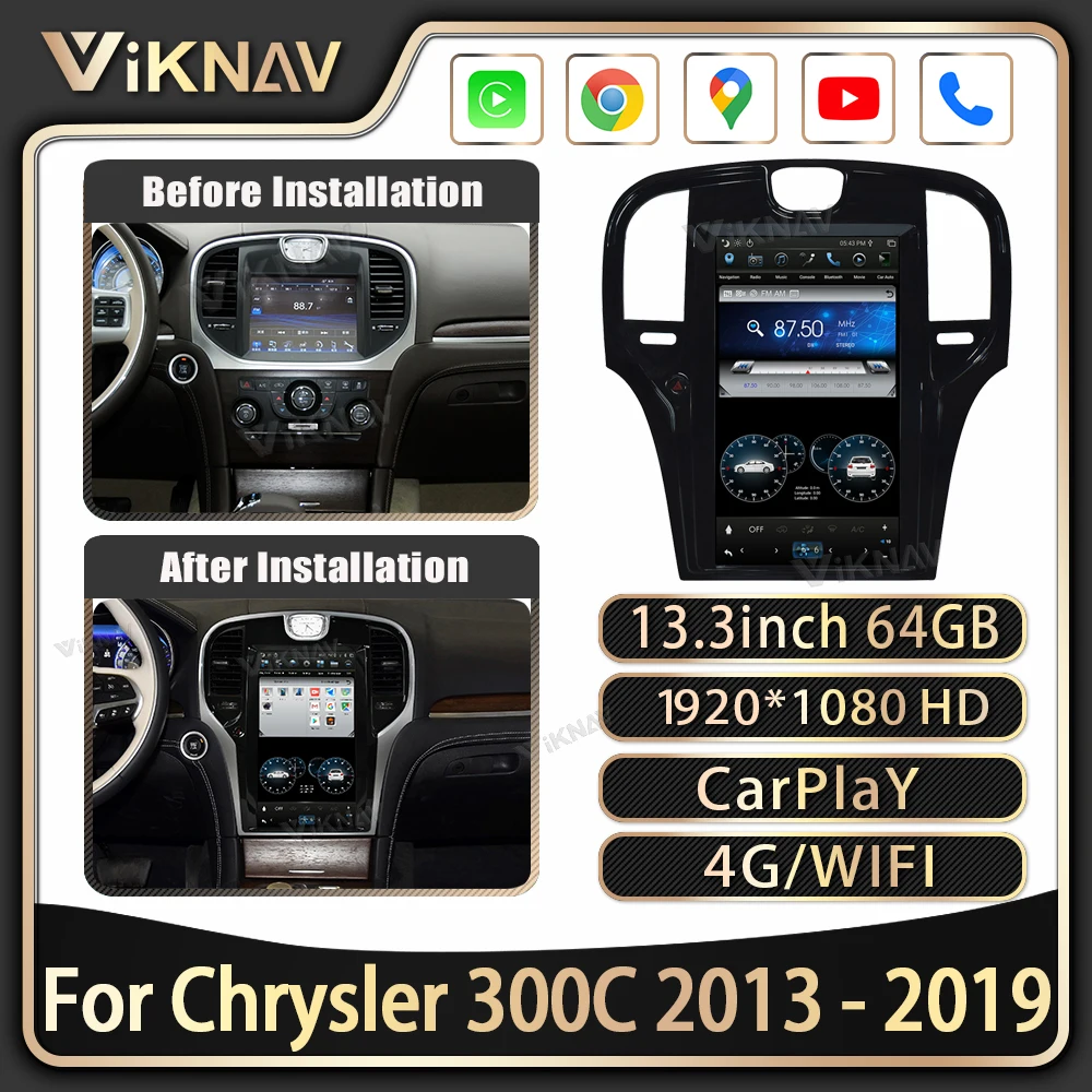 

VIKNIV 13.3inch Vertical Screen Car Radio For Chrysler 300C 2012 2013 2014 -2019 GPS Navigation DVD Multimedia Player