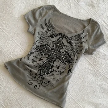 Grey Gothic Tee Women 2026 Rhinestone Cross Wing Detail Raw Edge Neck & Hem Y2K Aesthetic Streetwear 1