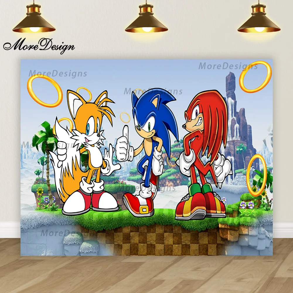 thumbnail image 1 of Fondo de fotografía con iluminación de Sonic Hedgehog, pancarta de cumpleaños para niños, decoración para fiesta de baby shower, fondo de vinilo de poliéster con dibujos animados, 1 of 5