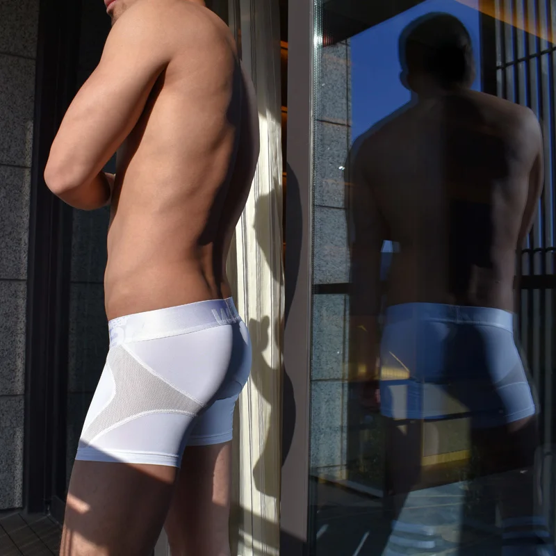 Low Waist Sports Mesh U Convex Design for Big Penis White Black Sexy Ice Silk Boxer Shorts Gay Men's Underwear Shorts Bottoms