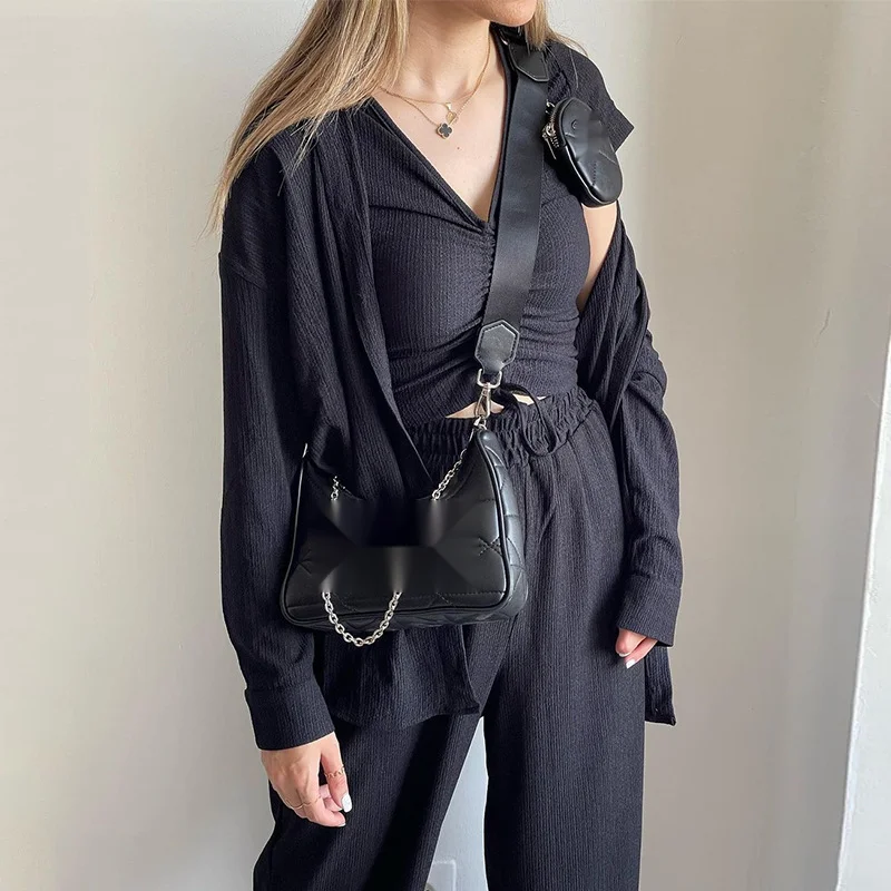Pant Sets Women Solid Three Pieces Set Long Sleeve Cropped Button Shirt Loose Wide Leg Trouser Work Sporty Suits Streetwear