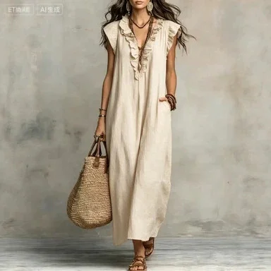 Women Boho Cotton Linen Ruffle V Neck Long Dresse - Image 3
