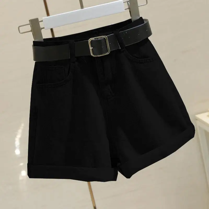 2023 New Korean Denim Shorts Women's Summer Show High Show Thin Curled Hem Pants A-line Wide Leg Pants