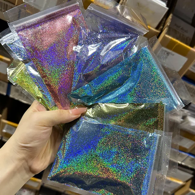 10g Laser Holographic Rainbow Nail Glitter 0.2MM Extra Fine Rainbow Sparkly Nails Powder Dazzling Chrome Dust Nail Art Decoratio