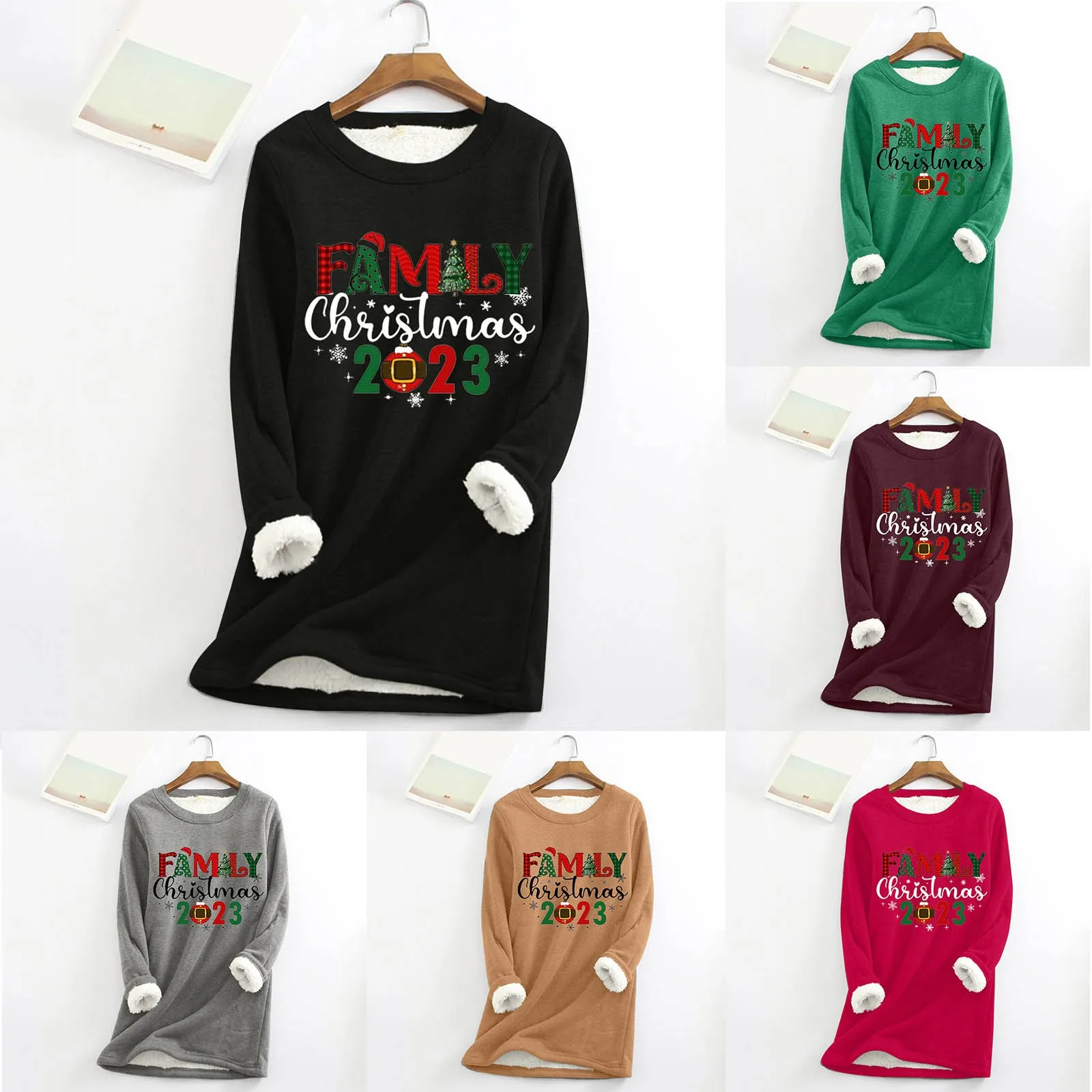 

Thermal Underwear for Women Winter Round Necked Long Sleeved Cotton Wool Christmas Printed Plush Warm Top Warm Fleece Pullovers