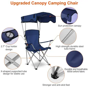 Camping Chair with Canopy, Outdoor Folding Lounge Chair with Adjustable UPF 50+ Sun Shade & Cup Holder, Portable Camping Recline 5