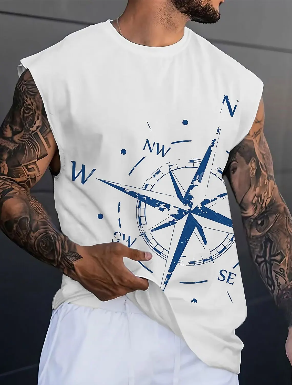 

Men's Bottom Shirt Graphic Compass O Neck 3D Outdoor Street Sleeveless Printed Clothing Sports Fitness Big & Tall Tank Top