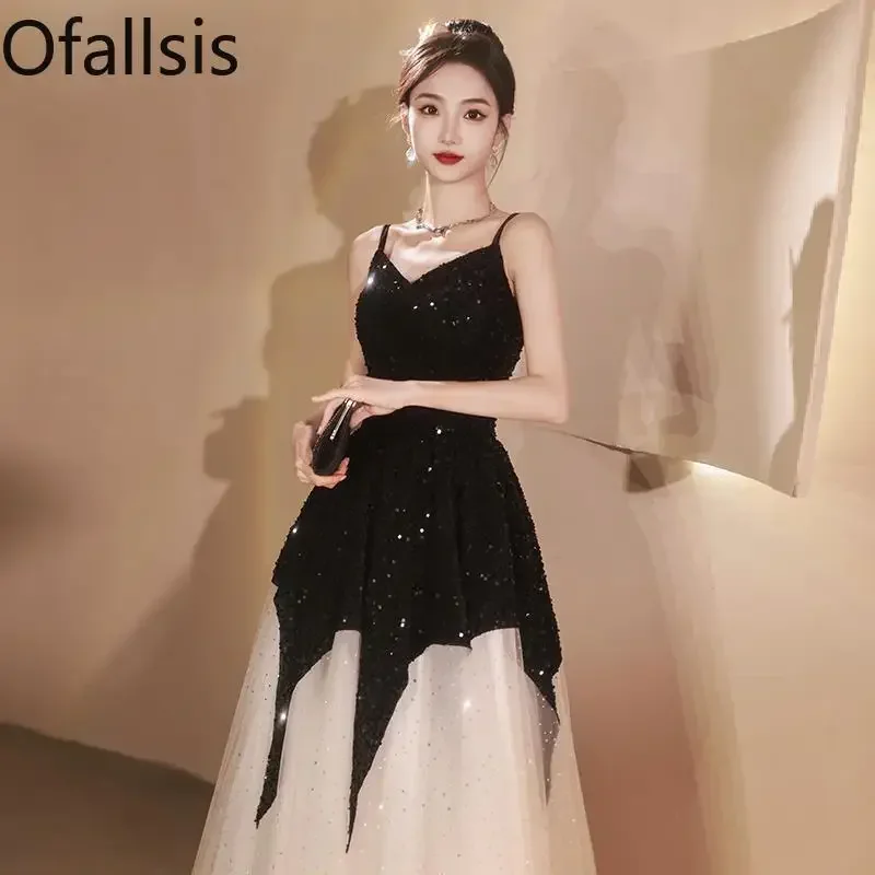 

Ofallsis Black Suspender Sequins Evening Dress High end 2023 Summer New Sexy Annual Party Birthday Host Spaghetti Strap Dresses