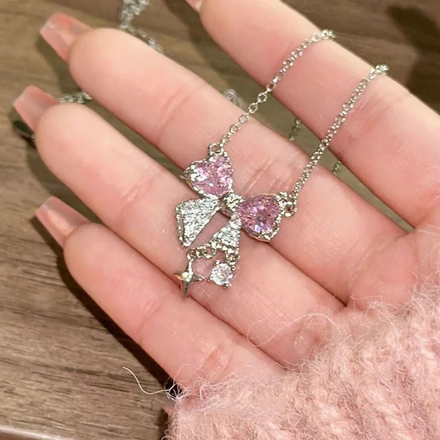 Sweet Pink Bow Necklace Ladies Fashion Sparkling Rhinestone Star Shape Pendant Clavicle Chain Delicate Wedding Accesories 3
