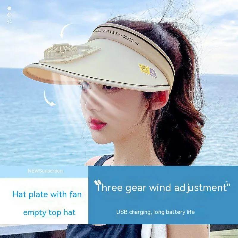 Cooling Fan Hat with Visor Summer 3 speeds Sun Visor Hats for Beach Camping  dark blue