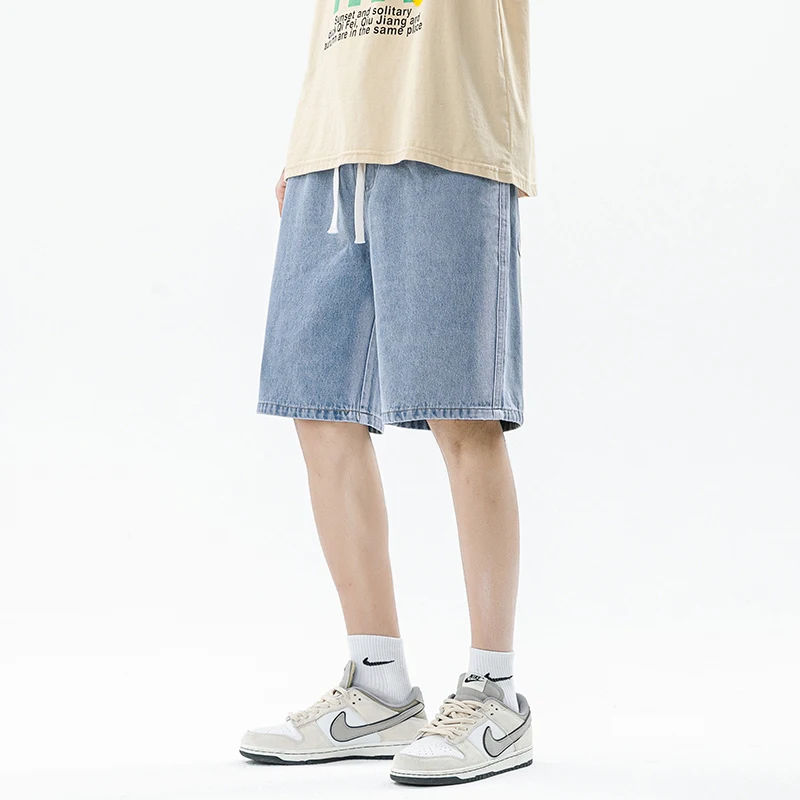 Fashion Elastic Lace Up Washed Gradient Denim Shorts Men's Clothing 2024 Summer New Loose All-match Straight Casual Knee Shorts