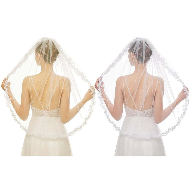 

Bridal Veil with Metal Comb Lace Appliques Fingertip Sheer Tulle for Wedding