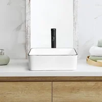 Ceramic Rectangular Bathroom Vessel Sink, 19'' X 15'' Above Counter Porcelain Small Sink, White Body With Black Trim On The Top 1