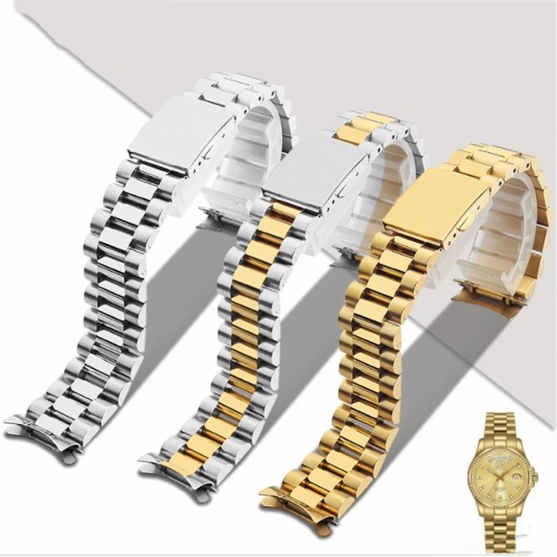 Elegant Silver & Gold Two-Tone Curved End Stainless Steel Watchband with Solid Links