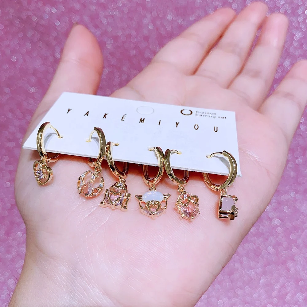 MIGGA 6pcs Mixed Pink Stone Outer Space Movie Hoop Earrings Set Gold Plated Cubic Zircon Women Jewelry 5