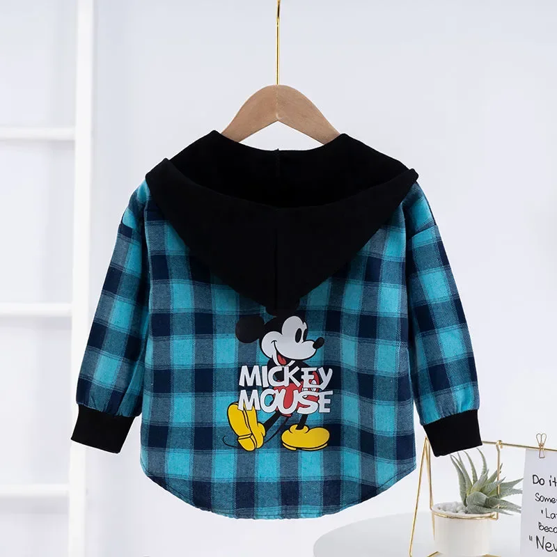 

Mickey Mouse Hooded Shirt Jacket For Children Spring Autumn Kids Boys Cartoon Printed Plaid Coats Fashion Girls Button Outerwear