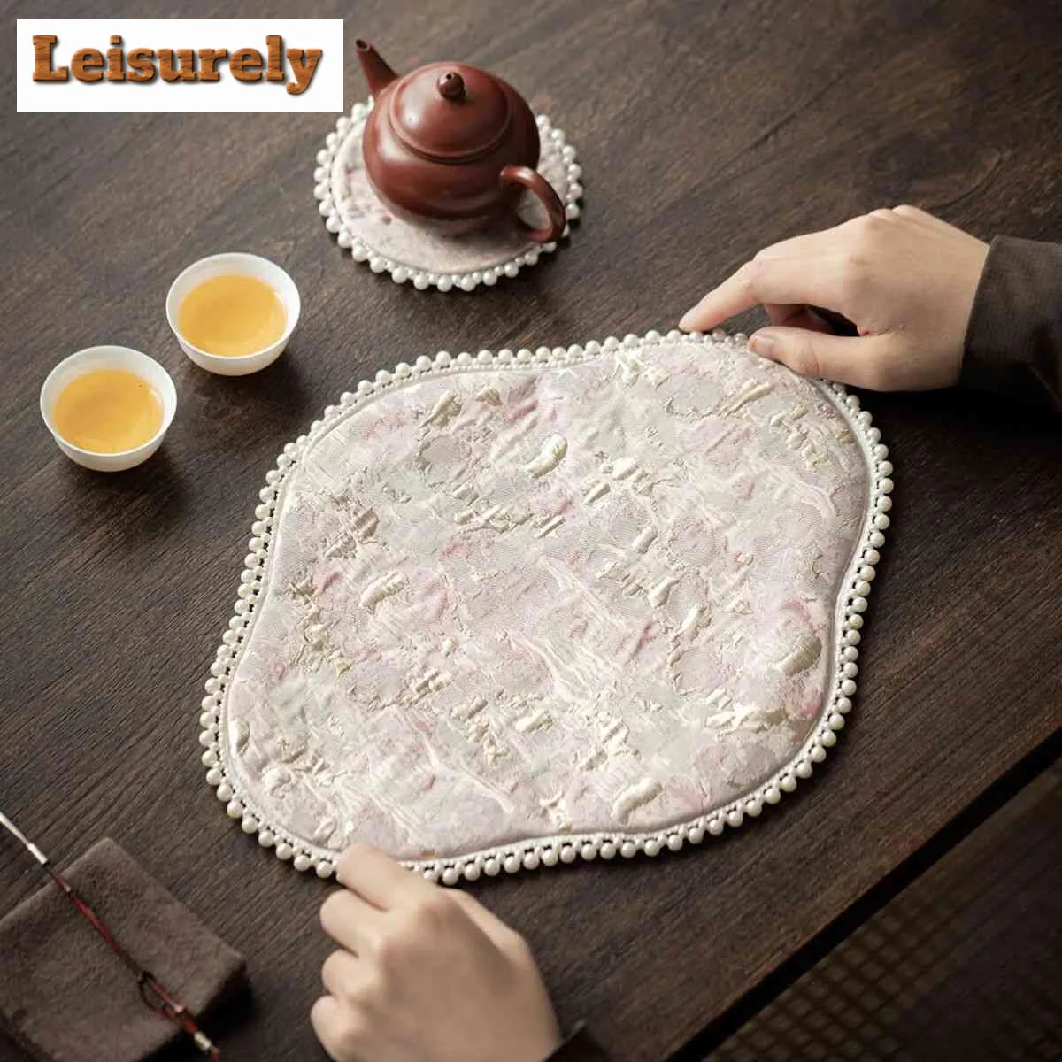 Chinese Pearl Edge Double-sided Tea Table Mats Retro Drink Coaster Dinner Table Cloth Mat Placemat Chinese Tea Set Decoration
